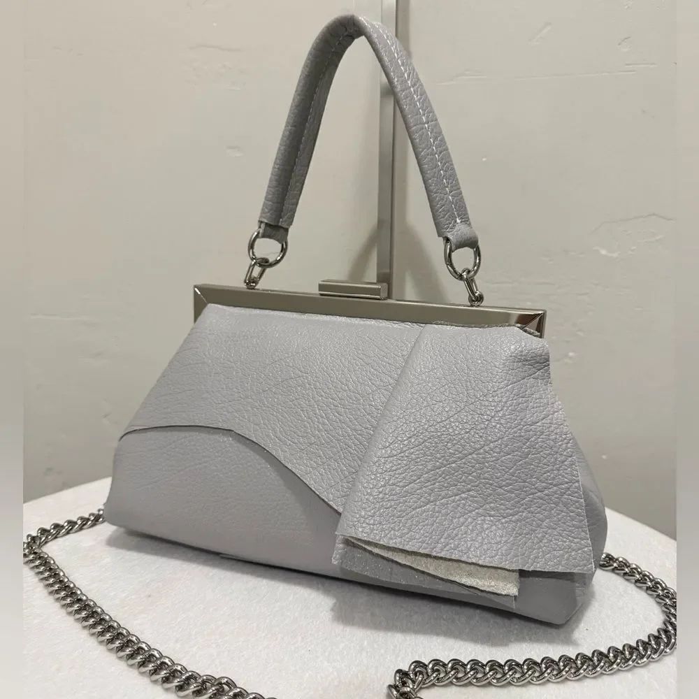 Handmade Cowhide Leather Asymmetrical Ruffles Metal Frame Bag, Multi Use Style